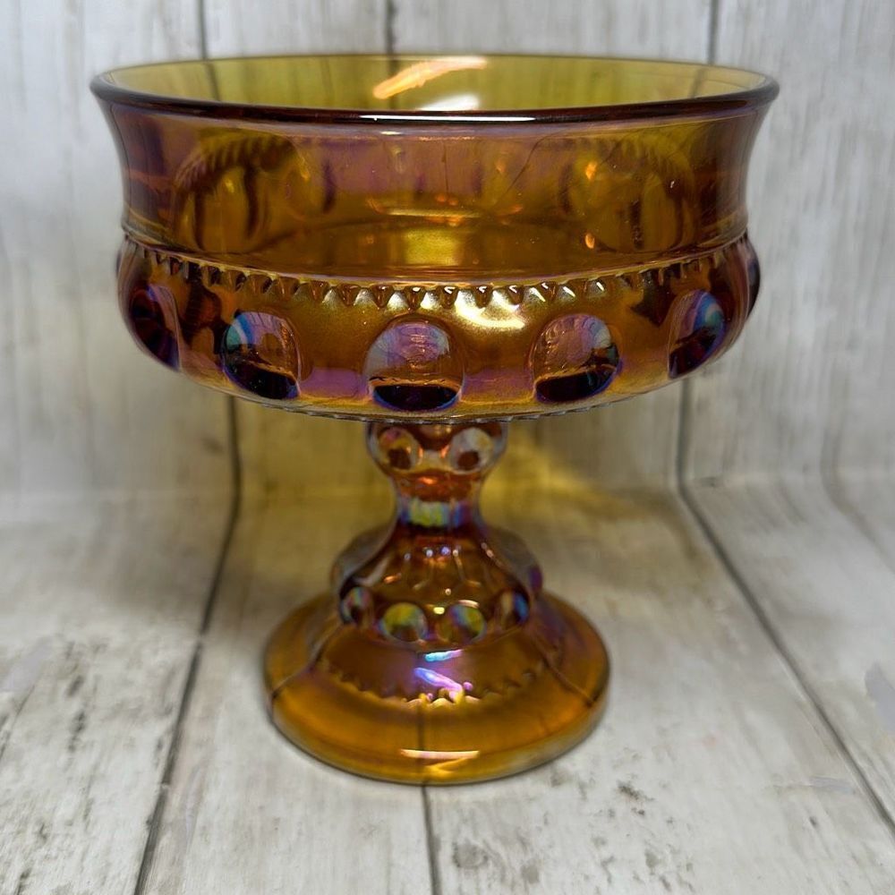 Indiana Glass Kings Crown Thumbprint Pedestal Compote Candy Dish Iridescent Gold